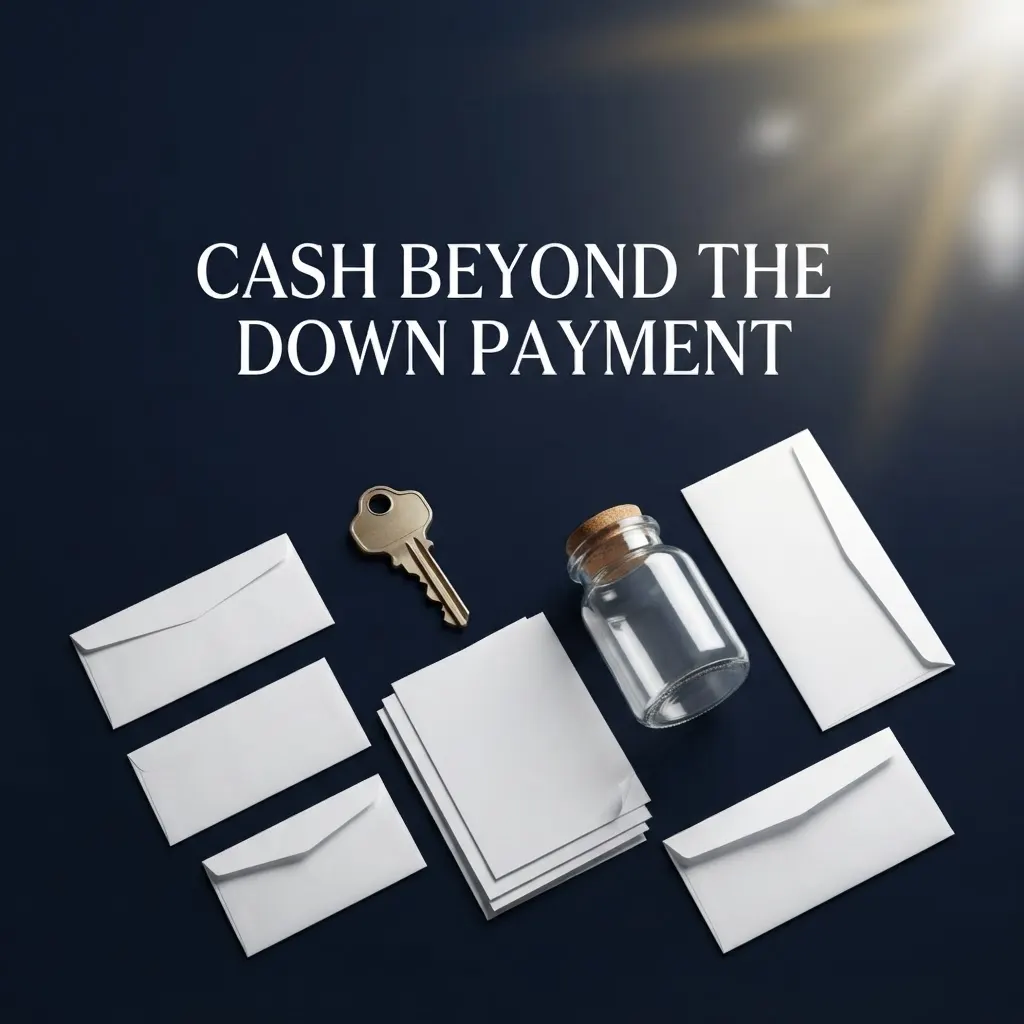 Homebuying cash illustration with separate envelopes, documents, keys and a reserve jar.