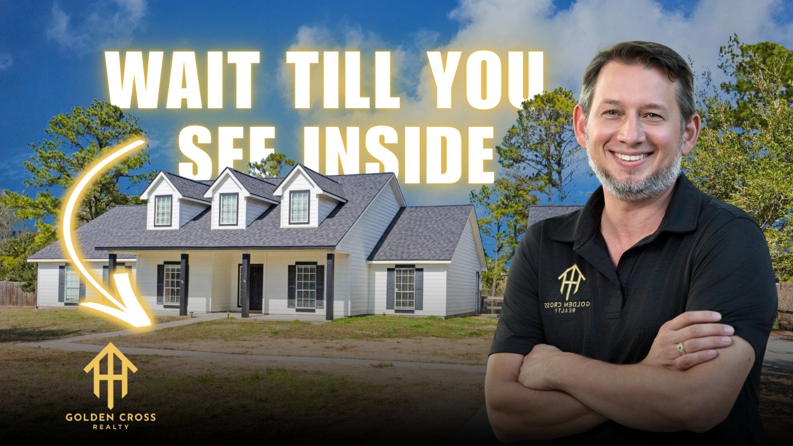 Golden Cross Realty agent standing beside a modern single-family home exterior, promoting a “Wait Till You See Inside” real estate listing with professional branding.