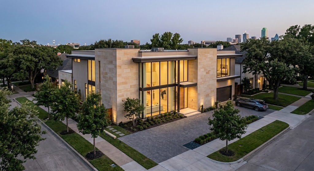 luxury modern dallas home with city skyline view at twilight