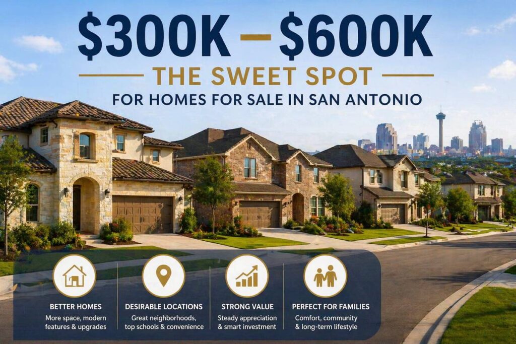 Modern suburban homes in San Antonio representing mid-range real estate options between $300K and $600K with city skyline in background
